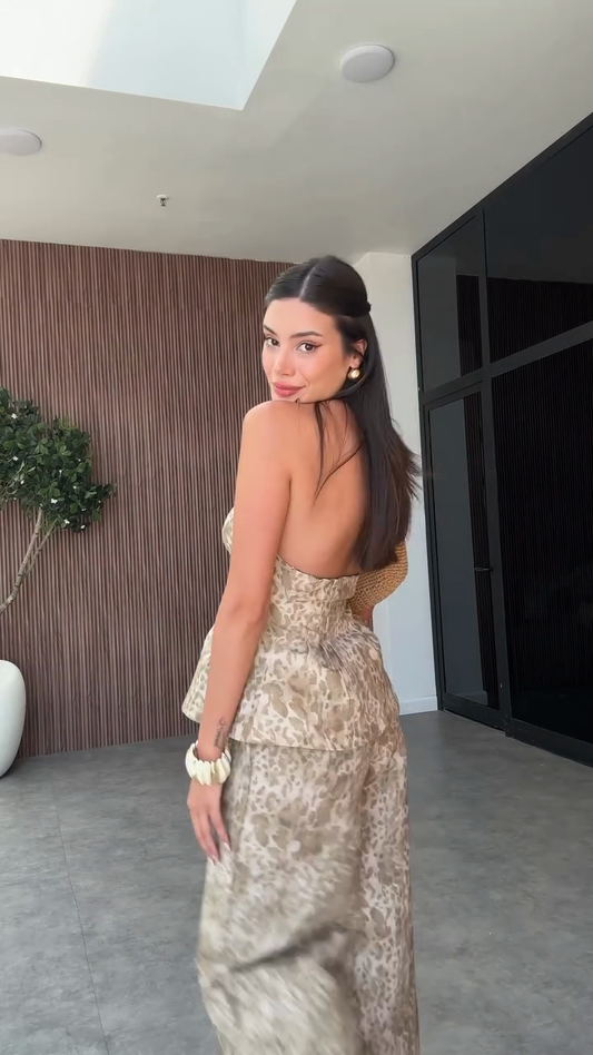 Leopard Print Halter Top and Wide - Leg Pants Set