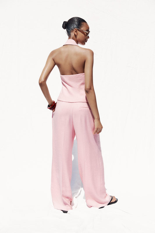 Pink Halter Neck Vest & Wide - Leg Pants Set