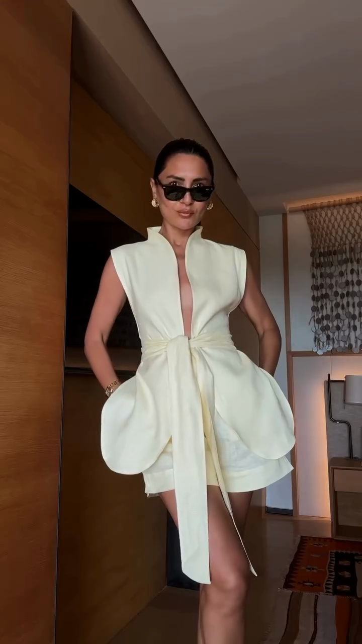 Cream Deep V Neck Sleeveless Top and Shorts Set