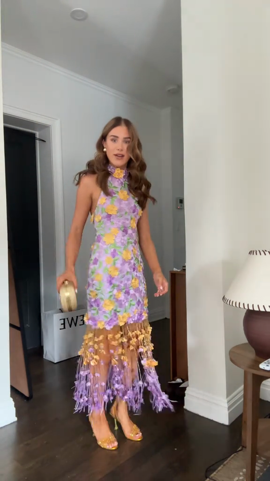 Purple Floral Embroidered Fringe Dress