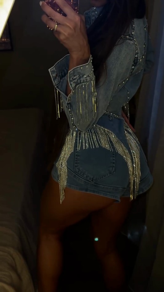 Embellished Denim Jacket and Shorts Set