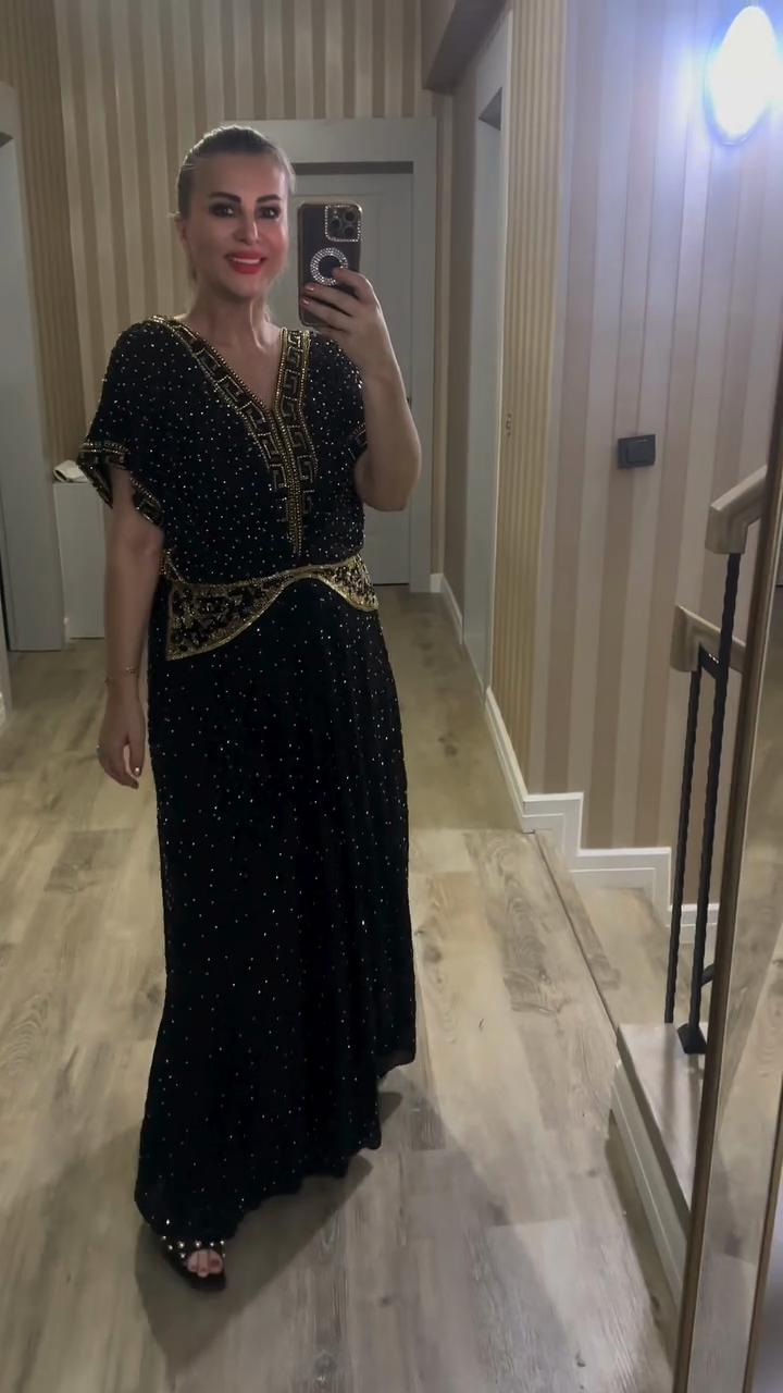 Black Embellished Maxi Dress with Gold Accents