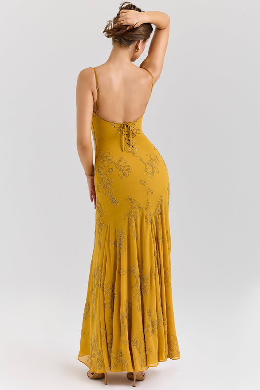 Mustard Yellow Embroidered Mermaid Gown