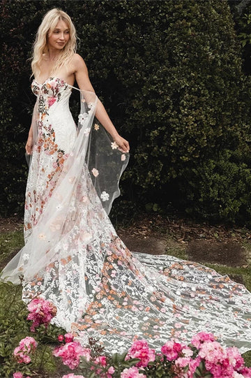 Floral Embroidered Strapless Tulle Gown