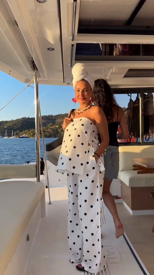 White Polka - dot Strapless Top and Pant Set