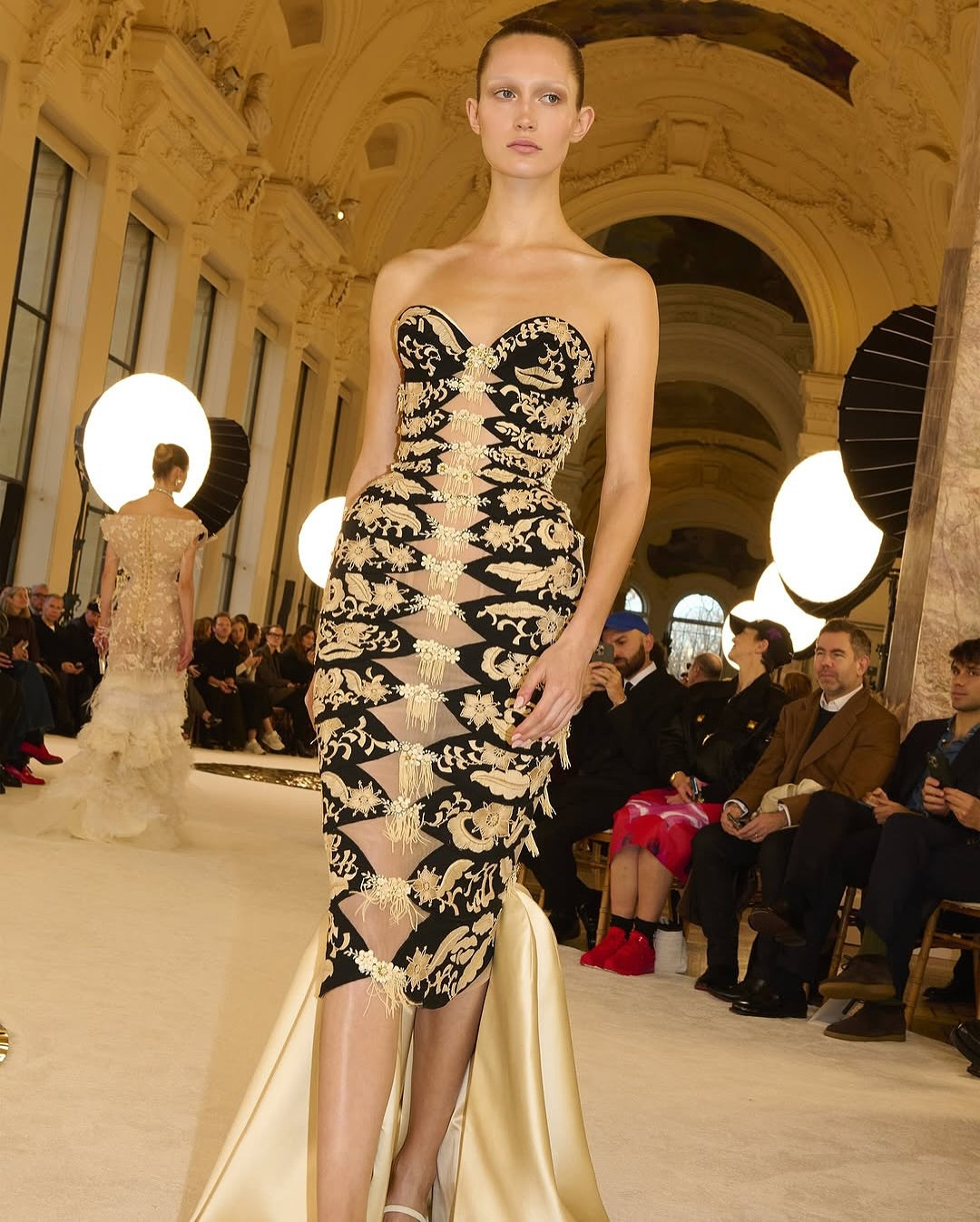 Black and White Embroidered Strapless Mermaid Gown