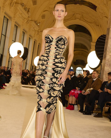 Black and White Embroidered Strapless Mermaid Gown