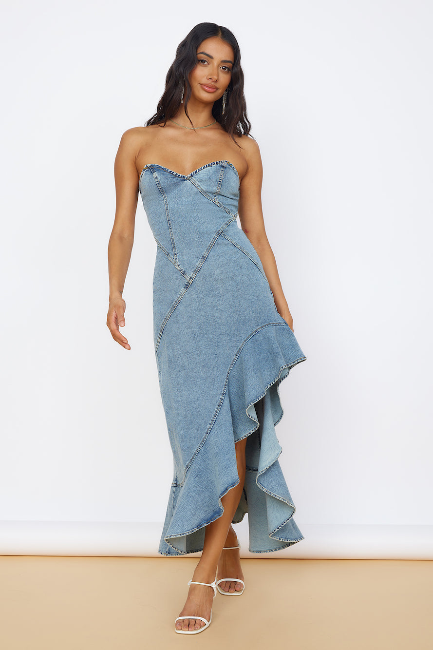 Light Blue Denim Strapless Midi Dress