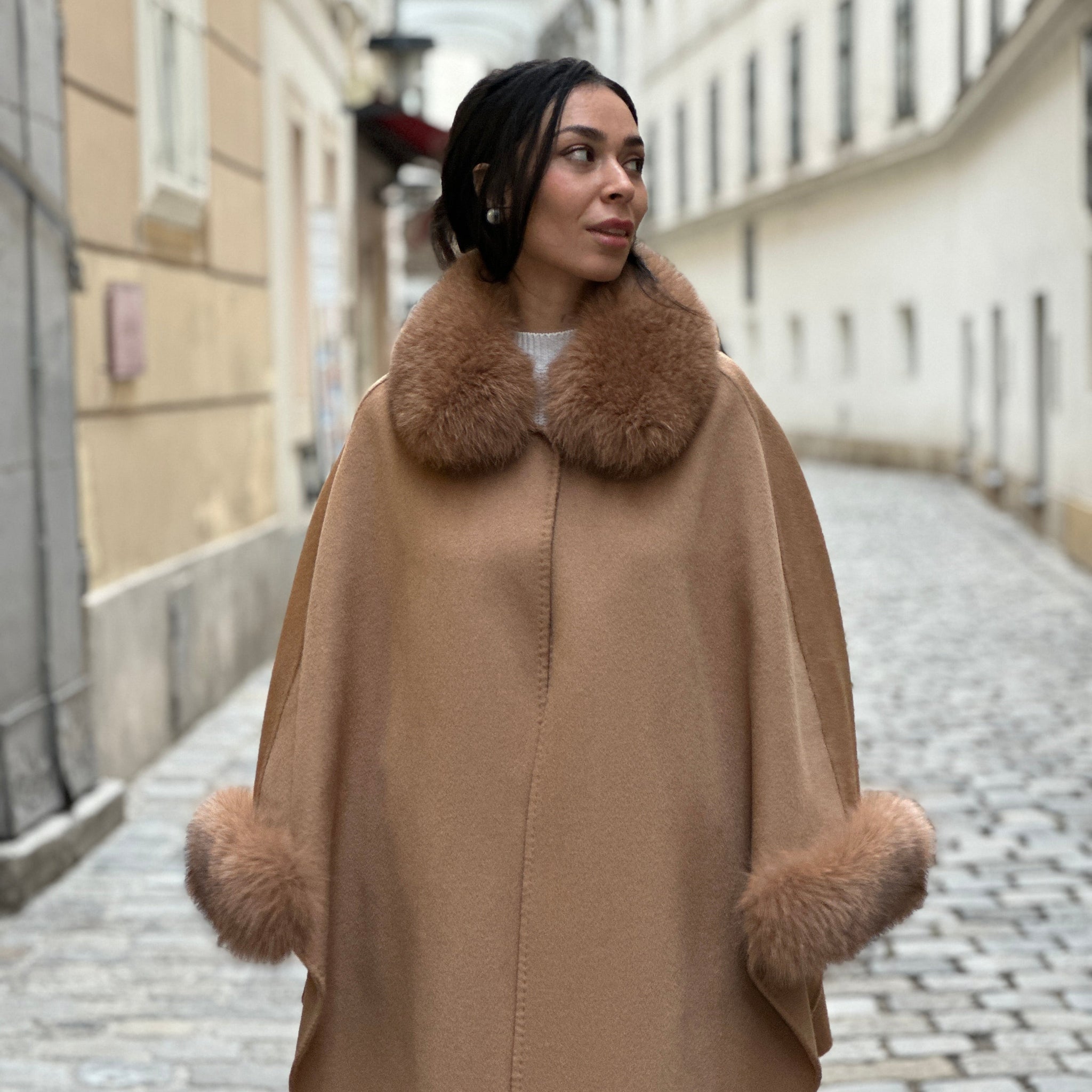 Camel Wool Cape with Fox Fur Trim