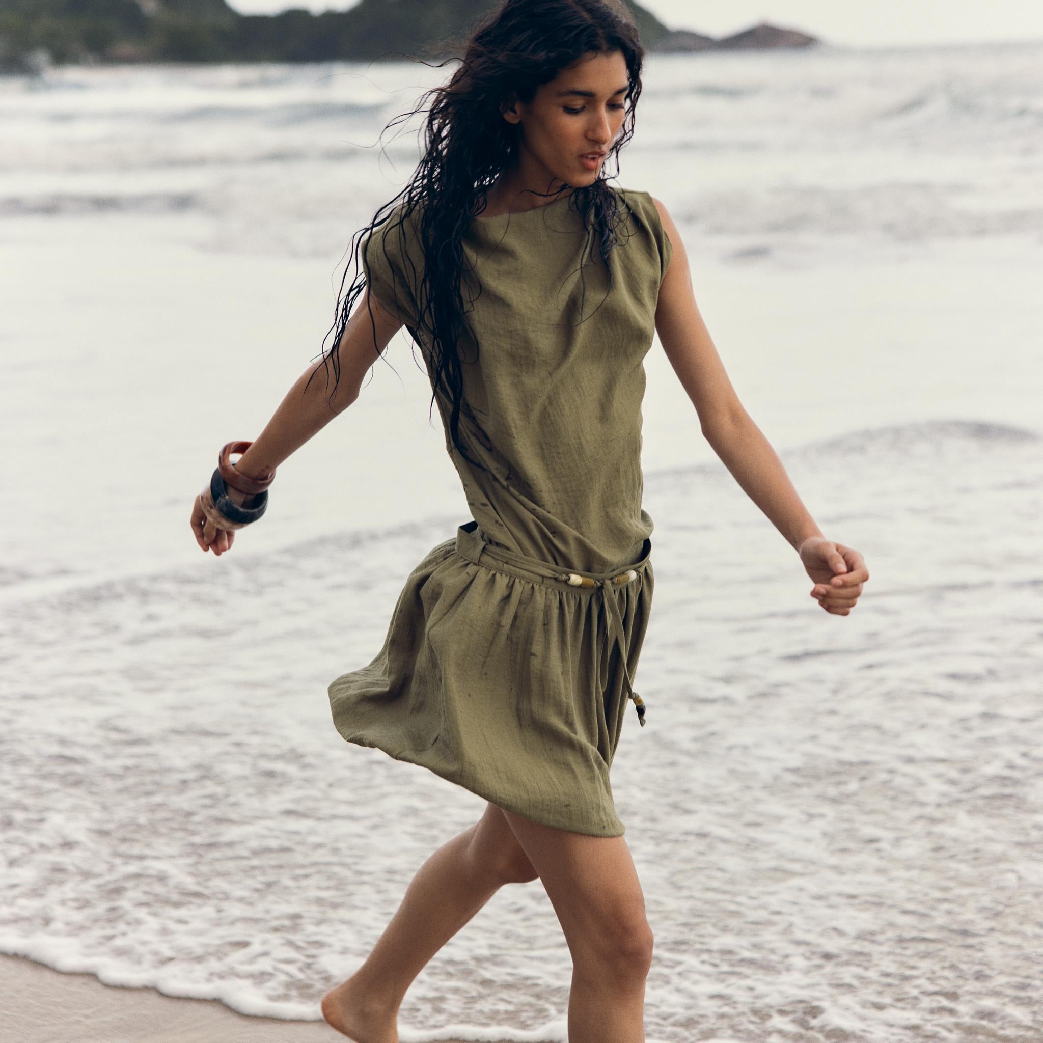 Olive Green Top and Shorts Set with Beaded Belt