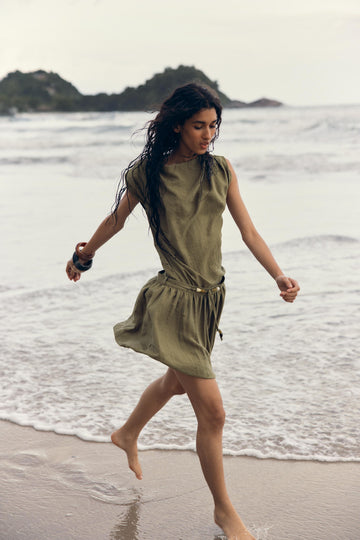 Olive Green Top and Shorts Set with Beaded Belt