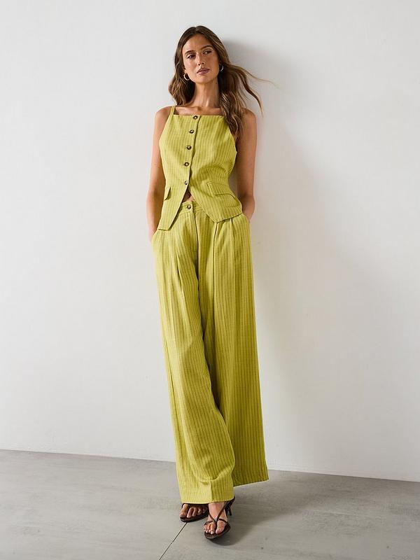 Lime Green Pinstriped Sleeveless Vest and Wide - leg Pants Set
