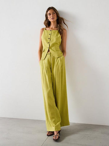 Lime Green Pinstriped Sleeveless Vest and Wide - leg Pants Set