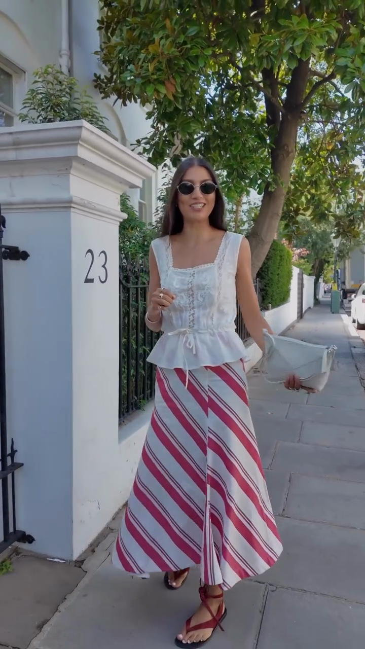 White Lace - Embroidered Sleeveless Top and Striped Midi Skirt Set