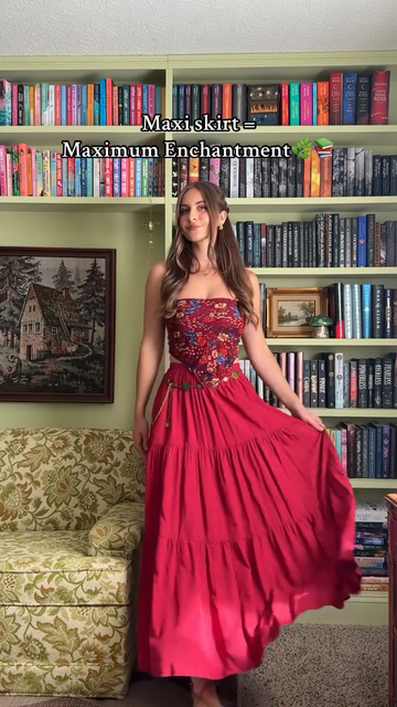 Red Boho - style Crop Top and Maxi Skirt Set