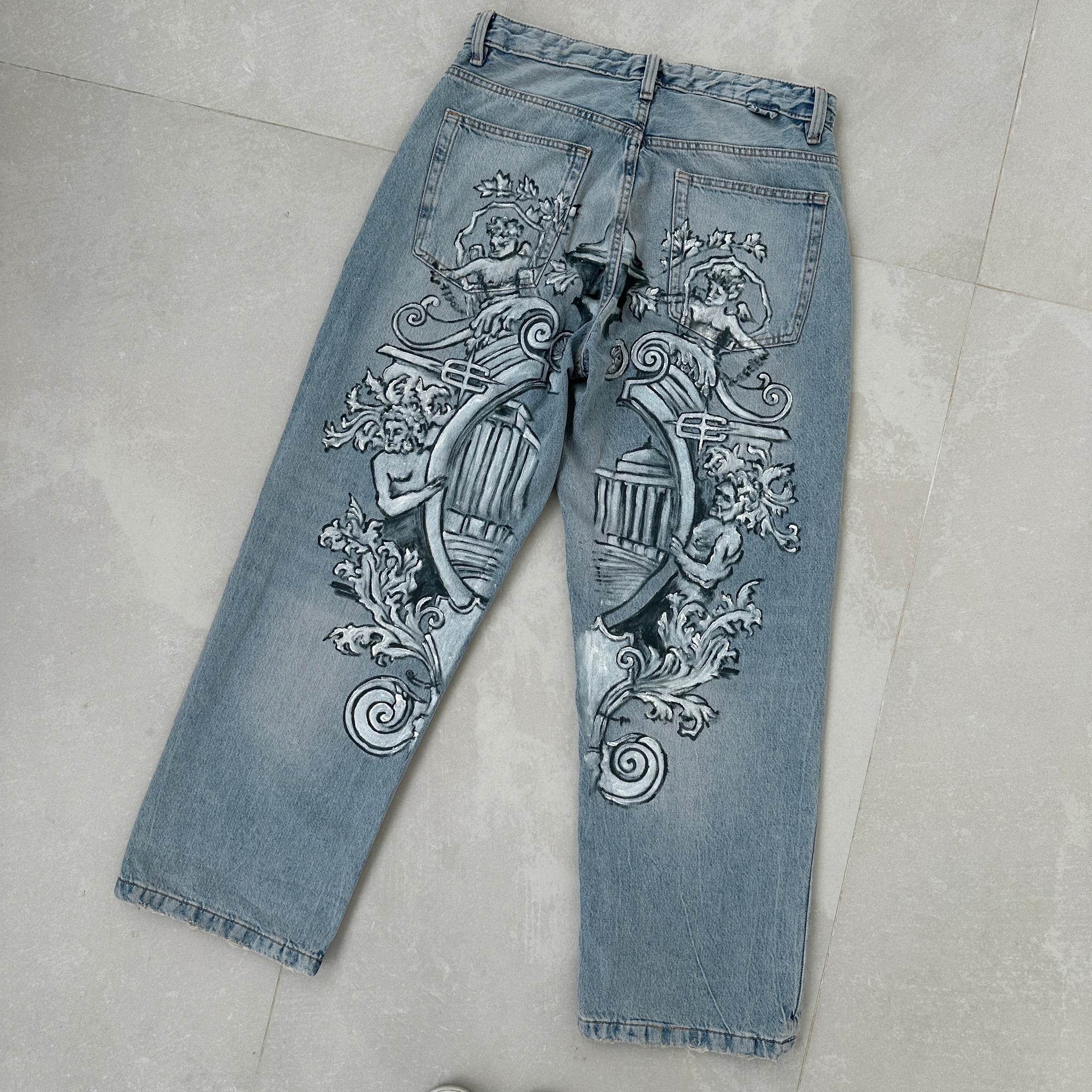 Light blue Baroque hand-painted jeans