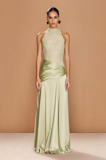 High-neck lace and satin maxi dress