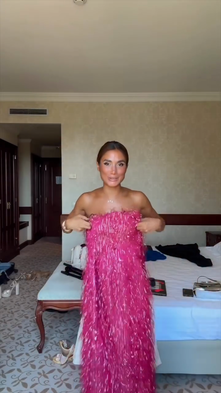 Hot Pink Fringe Strapless Maxi Dress