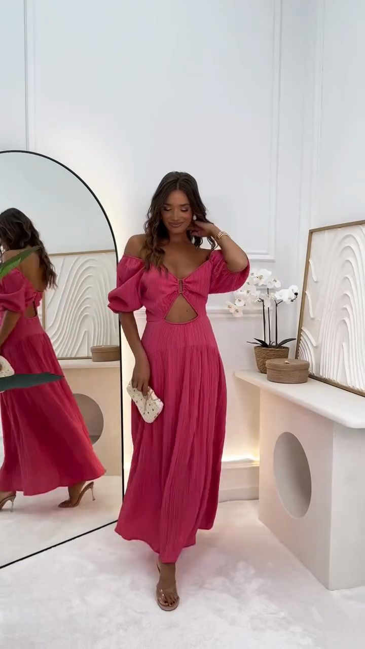 Bright pink off-the-shoulder hollow dress