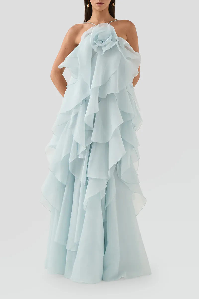 Light Blue Ruffled Strapless Maxi Dress