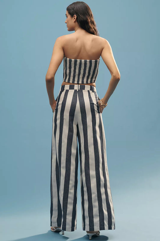 Blue and White Striped Bandeau Top and Wide Leg Pants Set