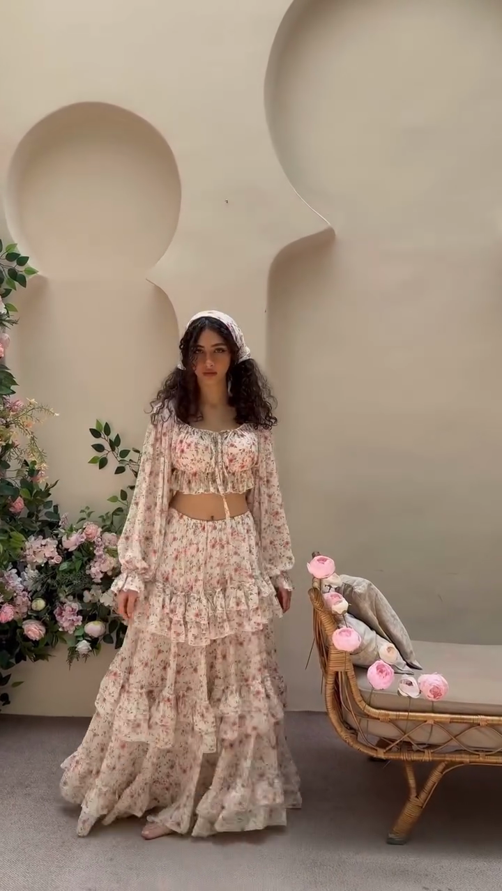 Floral - Printed Ruffled Crop Top & Tiered Maxi Skirt Set