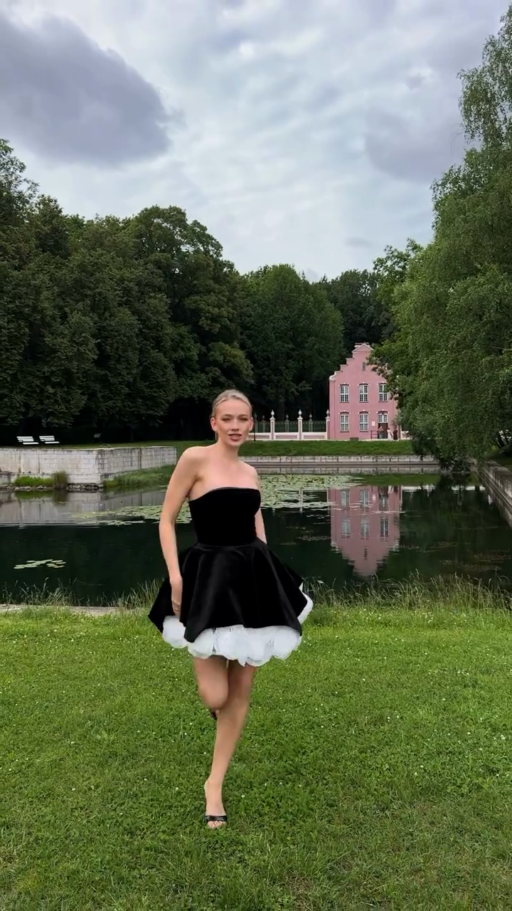 Black Strapless Velvet Dress with White Floral Hem