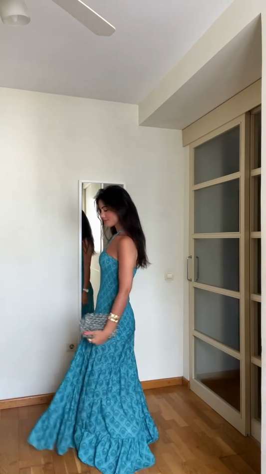 Blue Printed Halter Neck Layered Maxi Dress