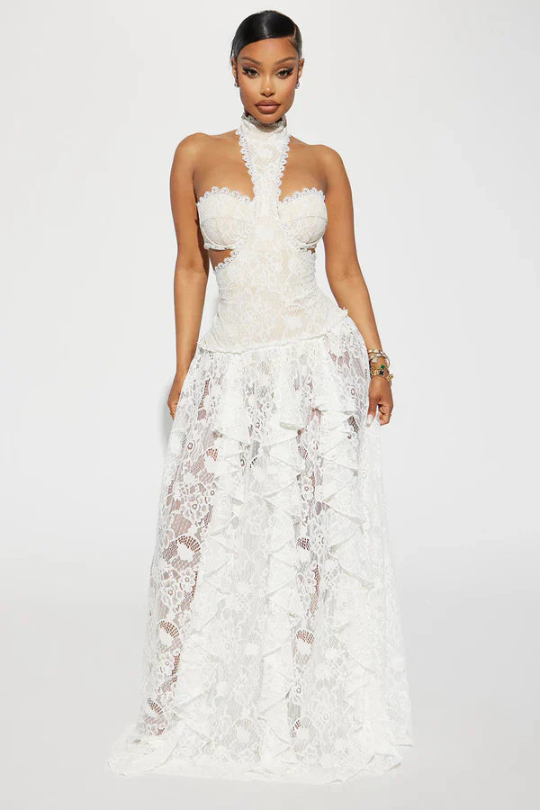 White Lace Halter Neck Maxi Dress