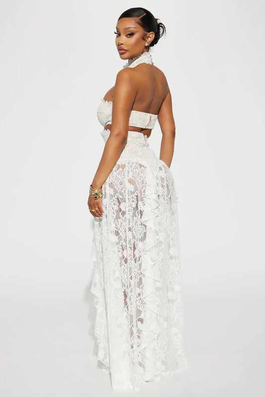 White Lace Halter Neck Maxi Dress