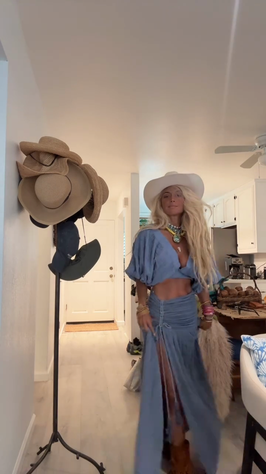 Light Blue Cropped Top and High - slit Skirt Set