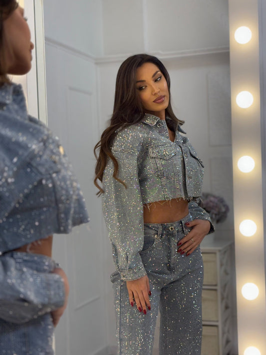 Silver Sequin Denim Crop Jacket & Pants Set