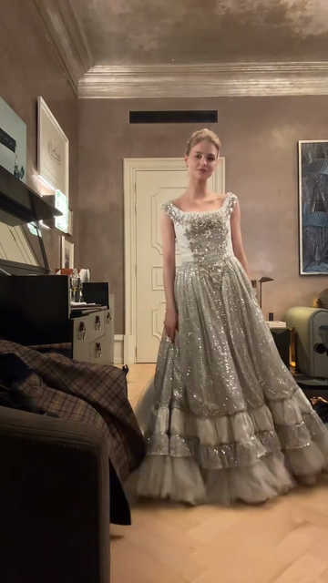 Embellished Silver - Toned Evening Gown