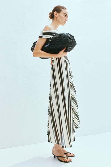 Black and White Striped One - Shoulder Midi Dress