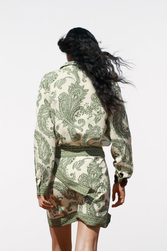Green Paisley Print Shirt Dress with Belt