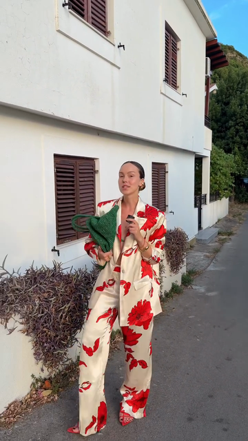 Cream Floral - Print Silk Suit Set