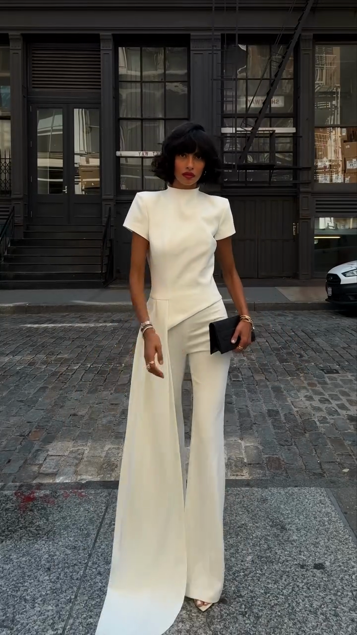 Ivory High - Neck Short - Sleeve Top and Wide - Leg Pant Set