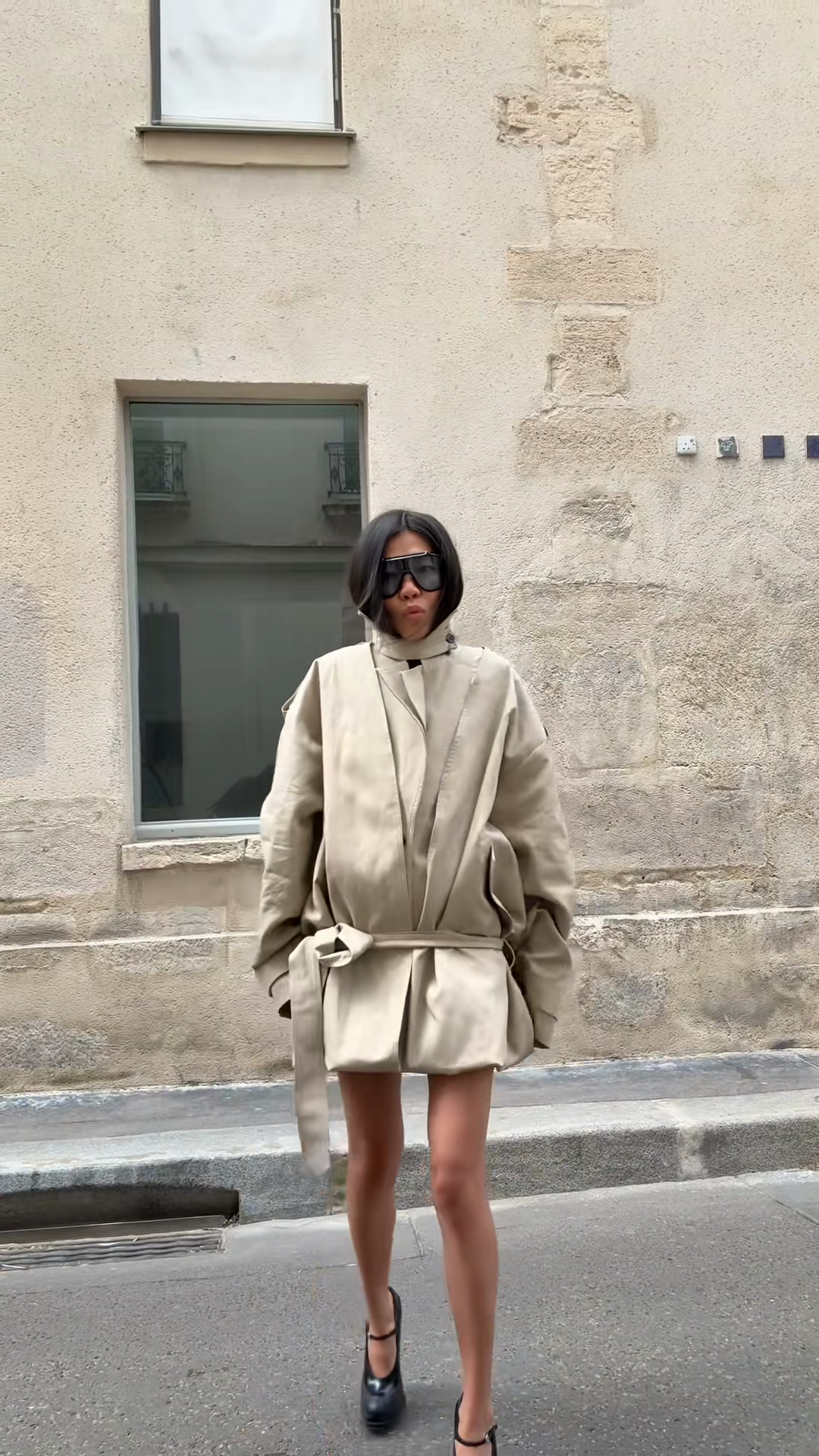 Beige Belted Oversized Jacket