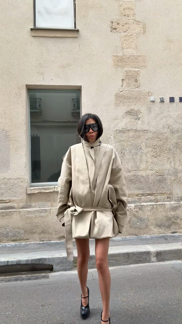Beige Belted Oversized Jacket