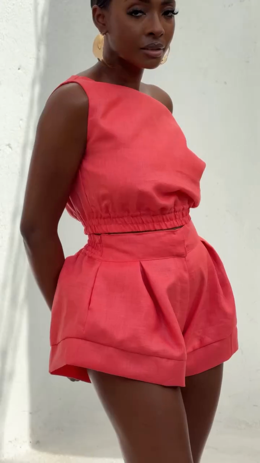 Coral One - Shoulder Top and High - Waisted Shorts Set