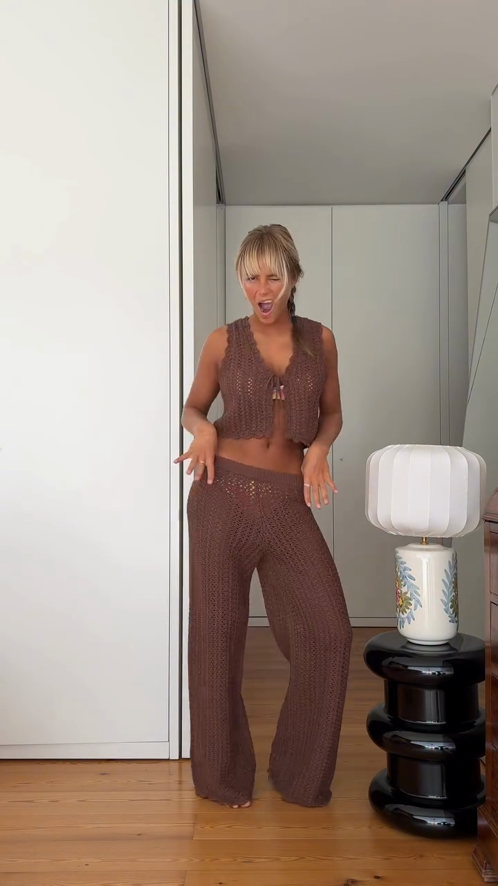 Brown Crochet Crop Top and Wide - Leg Pants Set