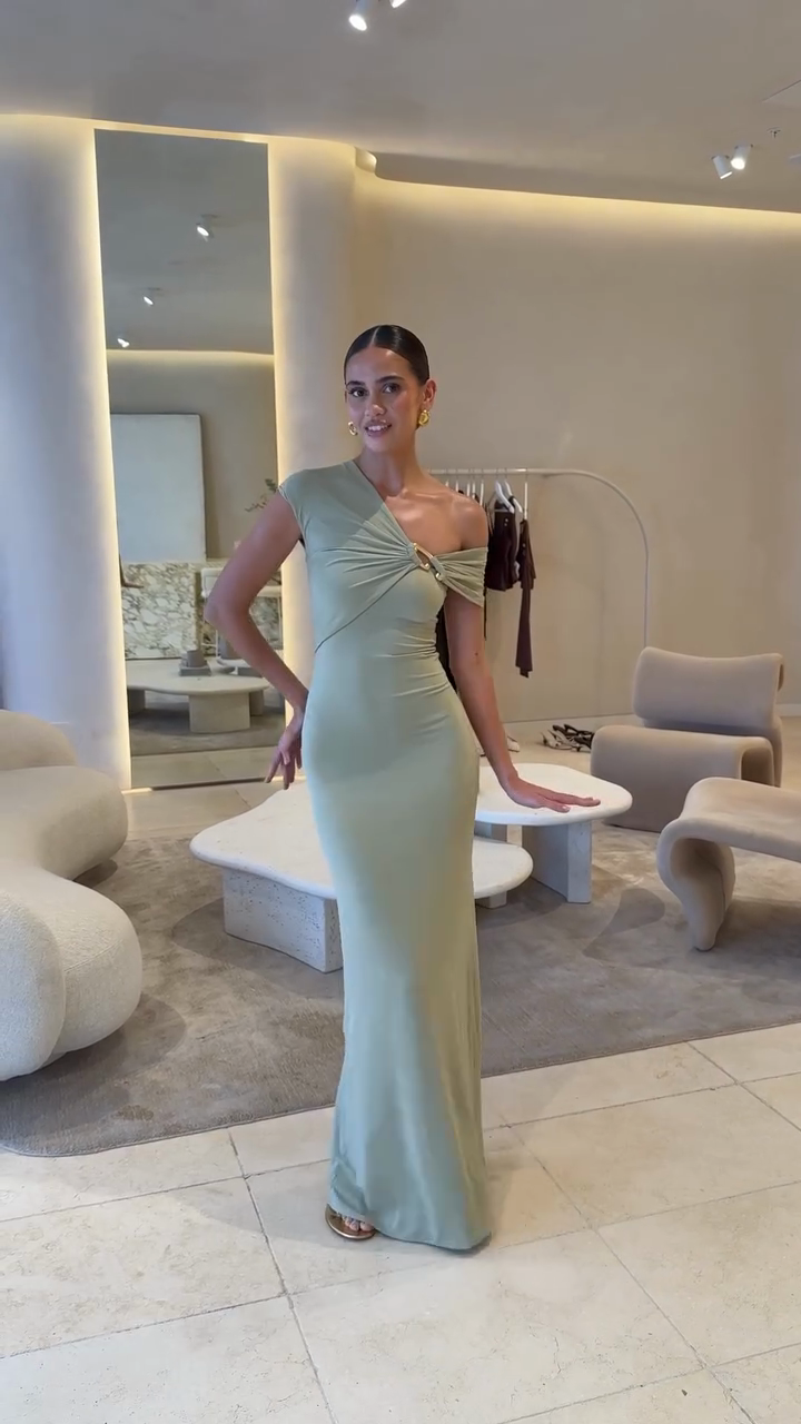 Mint Green One - Shoulder Maxi Dress with Gold Accent