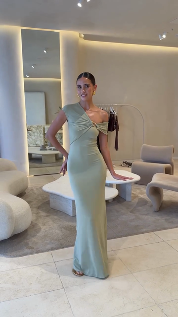 Mint Green One - Shoulder Maxi Dress with Gold Accent