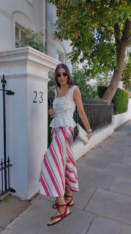 White Lace - Embroidered Sleeveless Top and Striped Midi Skirt Set