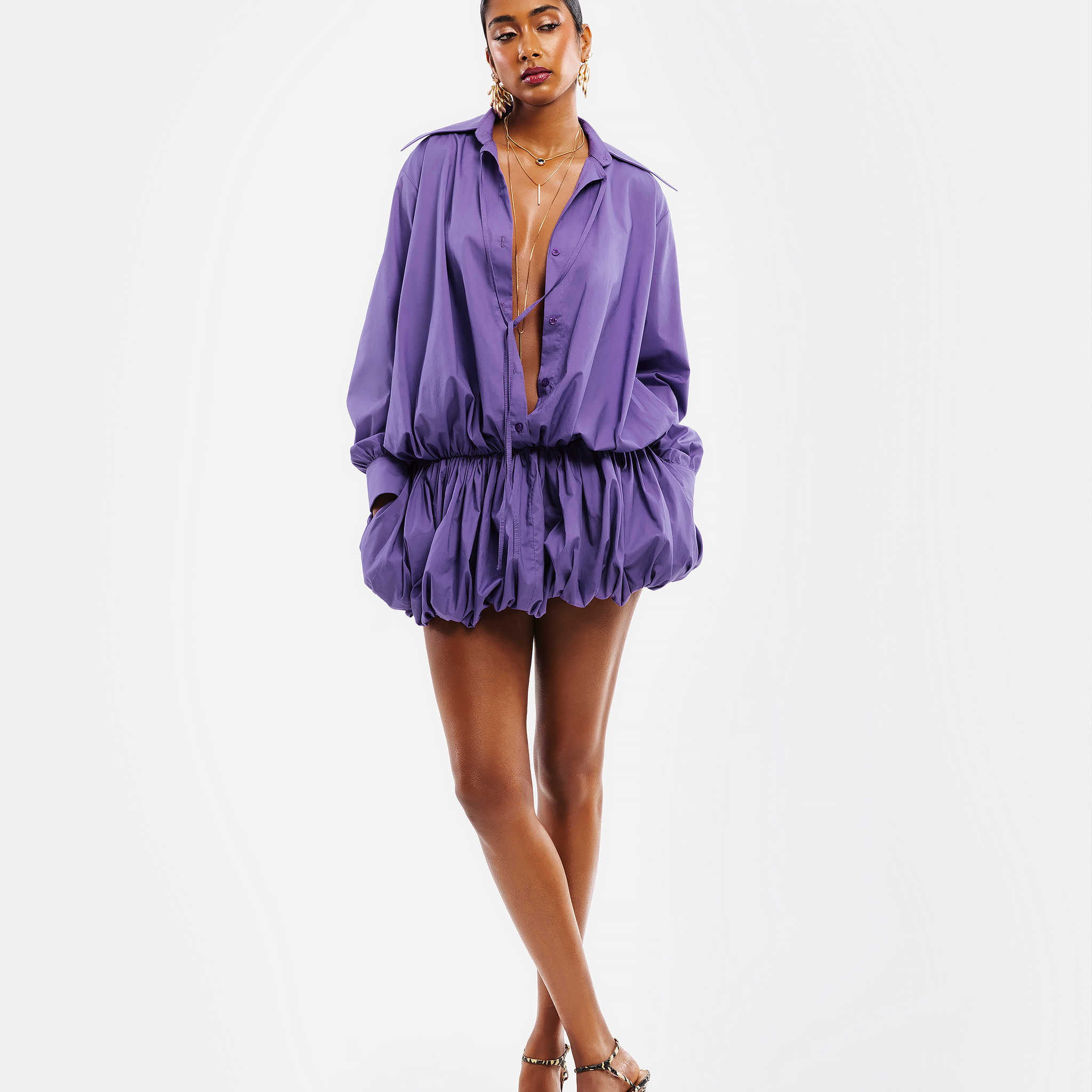 Purple Oversized Shirt Dress with Elasticized Hem