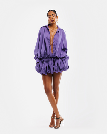 Purple Oversized Shirt Dress with Elasticized Hem