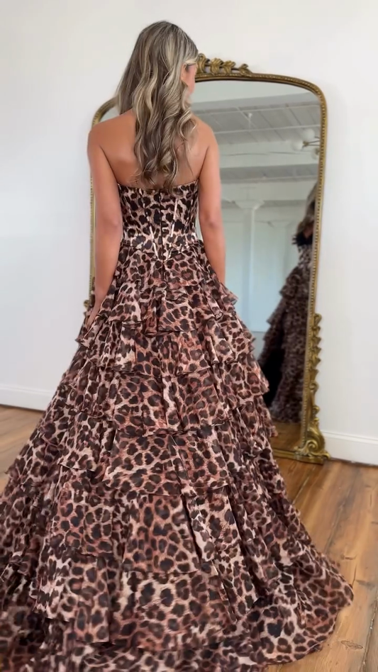 Leopard - Print Strapless Tiered Ball Gown