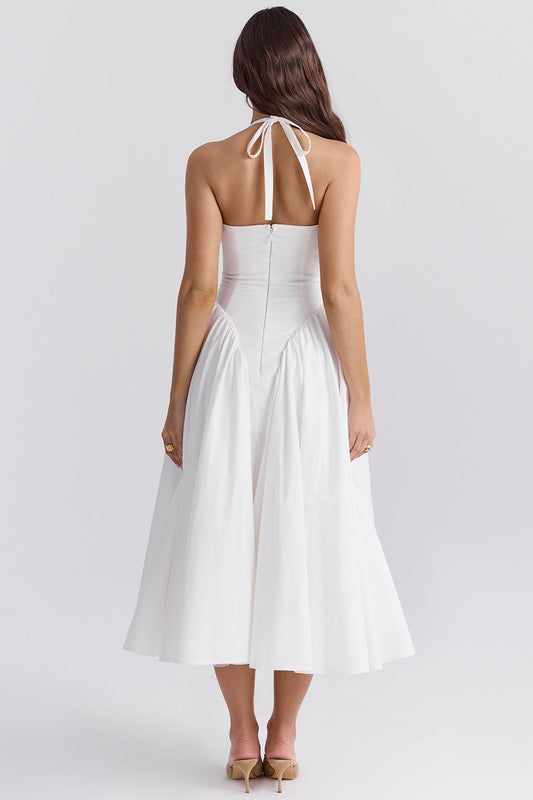 White Halter Neck Plunge Midi Dress