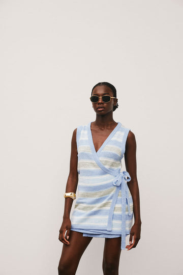 Blue Striped Wrap - Style Knit Skirt Set