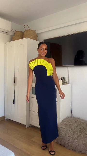 Navy Blue Strapless Maxi Dress with Yellow Fan - shaped Detail